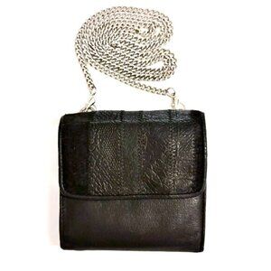 Mini Crossbody 4.5" Clutch Wallet Black Leather Silver Chain Strap Vintage